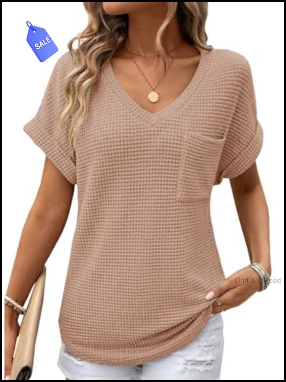 Womens Waffle Knit V Neck Short Sleeve Tee Loose Fit Basic Top